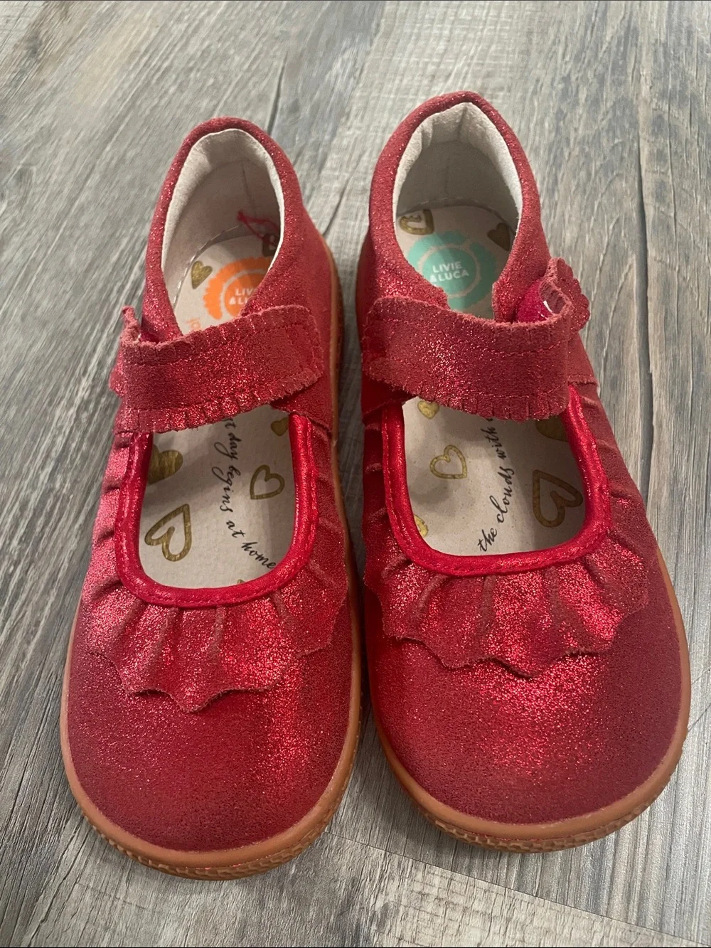 Livie & Luca Red Sparkle Mary Jane Shoes with Ruffle Strap